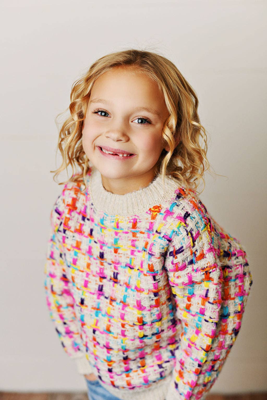 Kids Rainbow Colored Knit Texture Crew Neck Fall Sweater