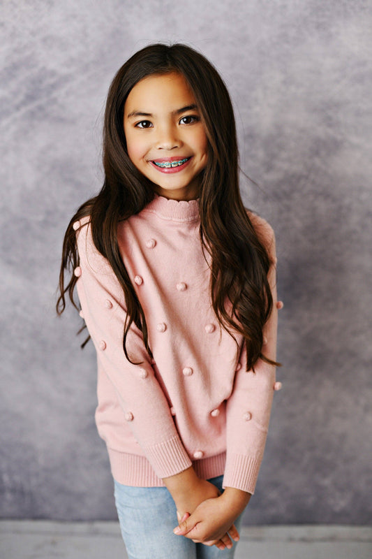 Kids Pink Pom Pom Fall Winter Crew Neck Sweater