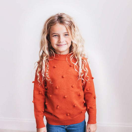 Kids Rust Pom Pom Fall Winter Crew Neck Sweater