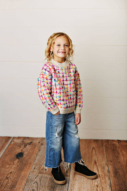 Kids Rainbow Colored Knit Texture Crew Neck Fall Sweater